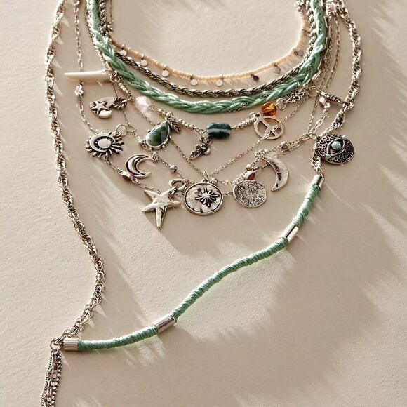 FREE PEOPLE Luca Silver Extreme Layered Necklace In Sage NWT - Picture 1 of 7